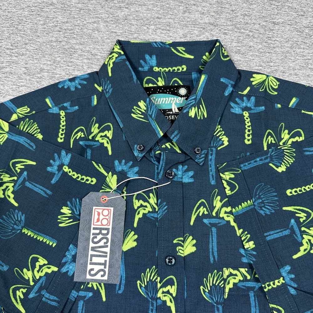 RSVLTS Shirt Mens Medium Blue Summer Neon Palmies Short Sleeve Stretch NEW